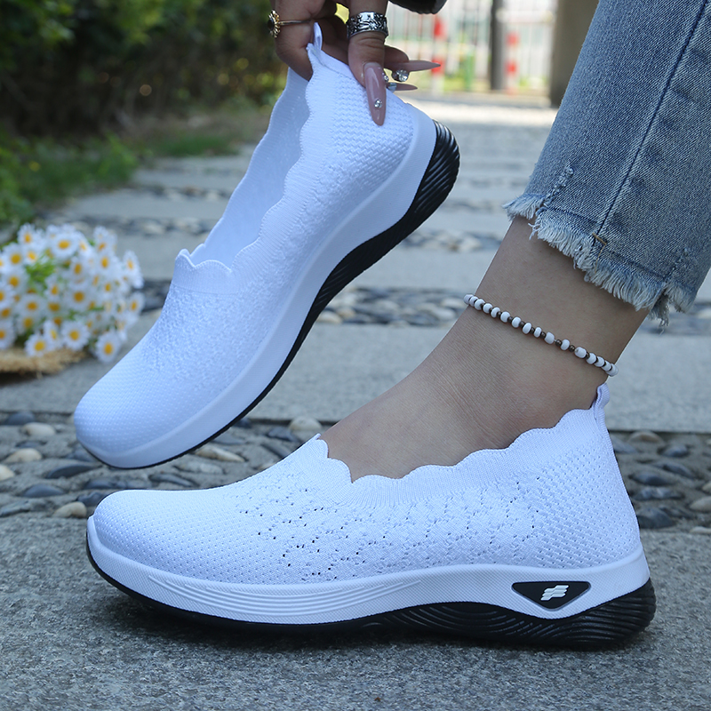 Casual Sneaker Low - White Scalloped Edge Knit Slip-On Shoes,
